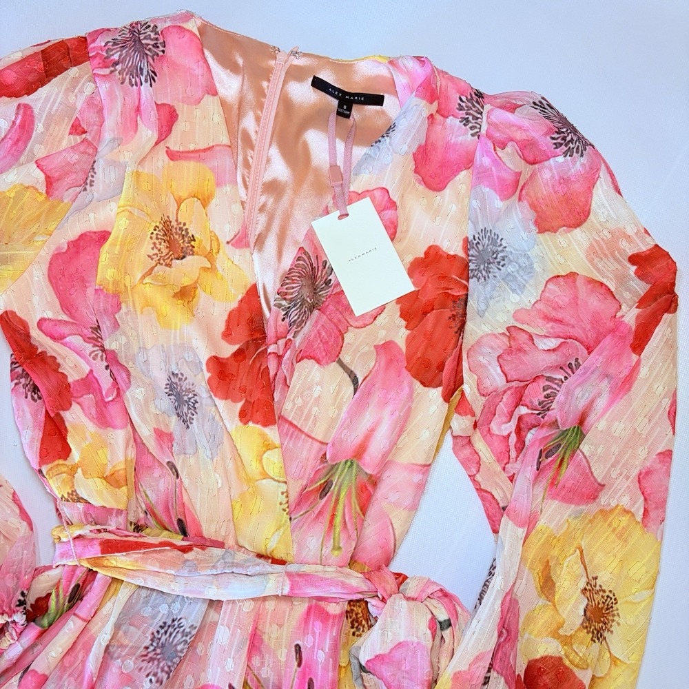 Alex Marie Floral Dress 8 NWT‎ Pink Yellow Belted Sheer Long Sleeve Midi Spring